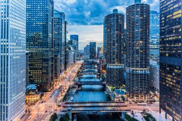 Aerial shot of the river through downtown Chicago