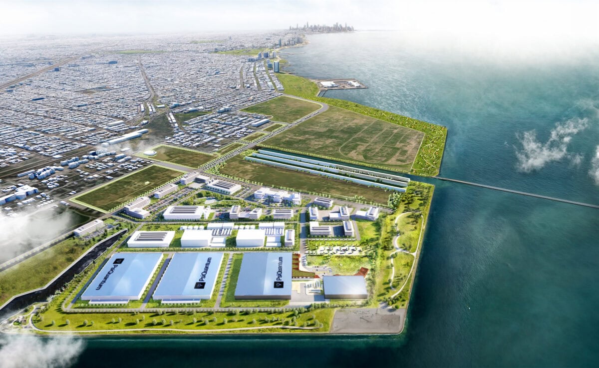 Rendering of the IQMP campus with the city of Chicago in the background