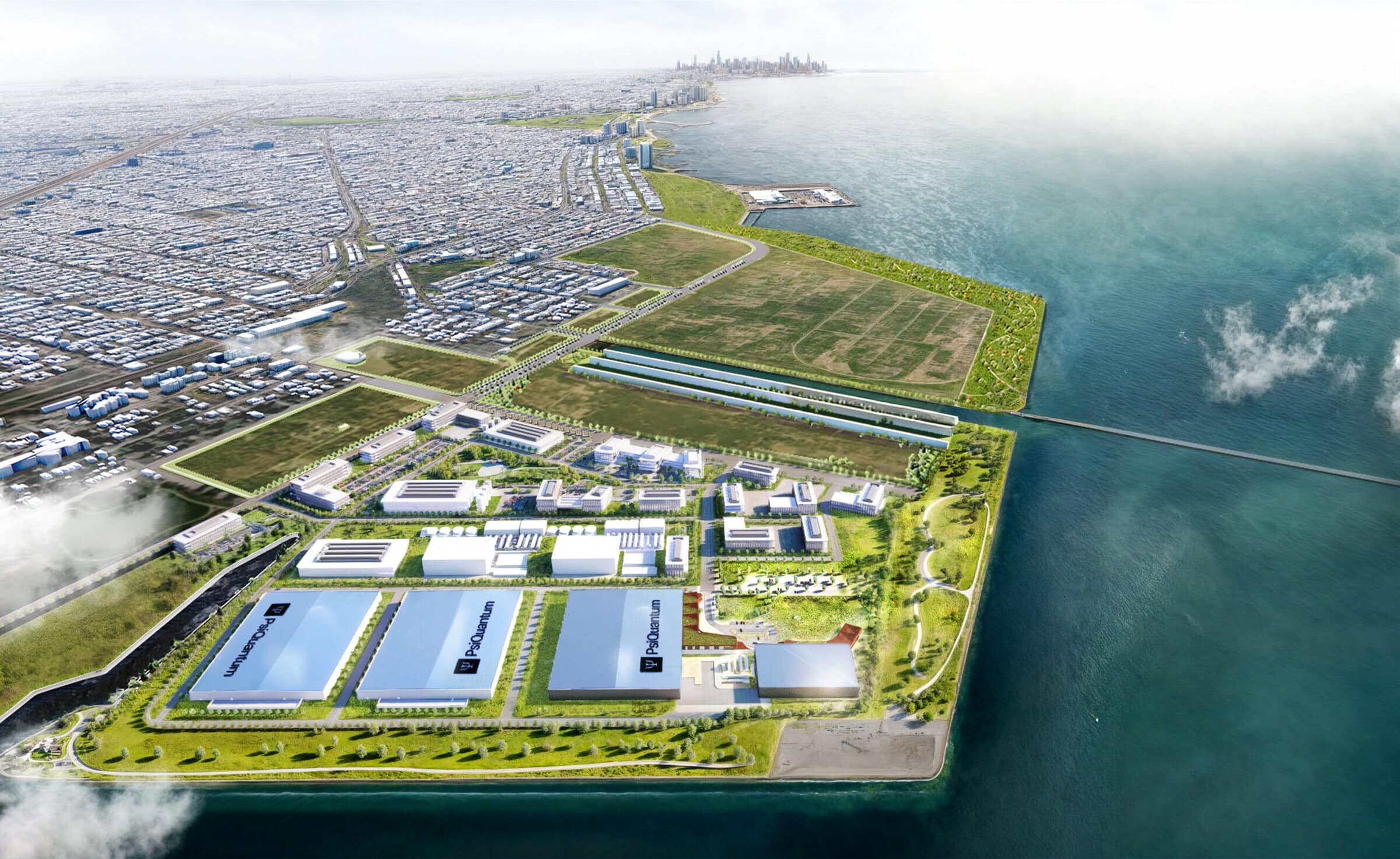 Rendering of the IQMP campus with the city of Chicago in the background