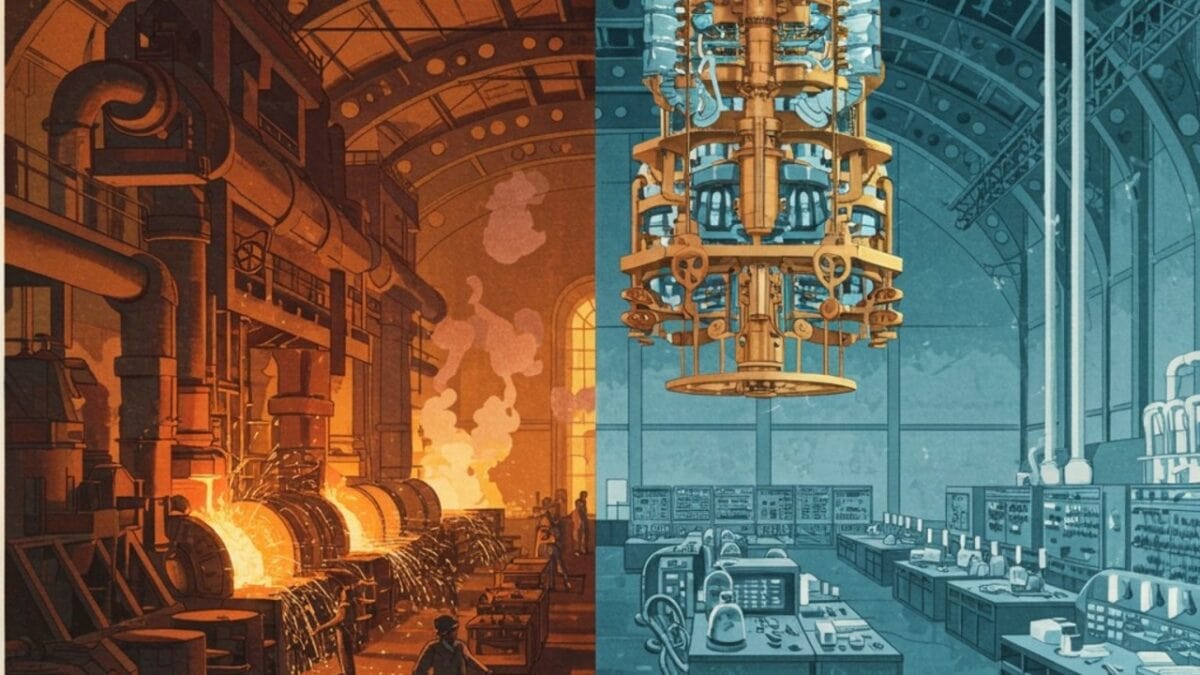 Side-by-side illustrations of a steel mill on the left and a quantum computer lab on the right