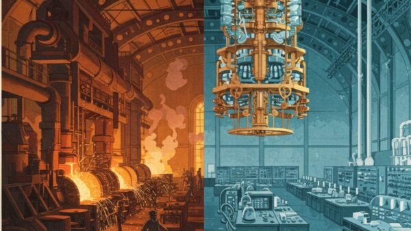 Side-by-side illustrations of a steel mill on the left and a quantum computer lab on the right