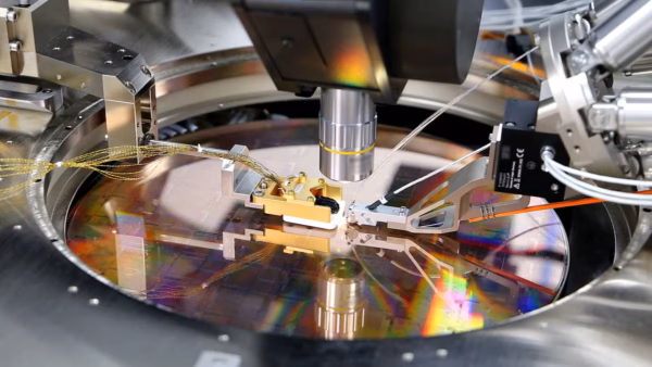 A view of a PsiQuantum Wafer, a silicon wafer containing thousands of quantum devices, including single-photon detectors, manufactured via PsiQuantum's partnership with GlobalFoundries in Palo Alto, California, U.S., in an undated photo taken in March 2021.