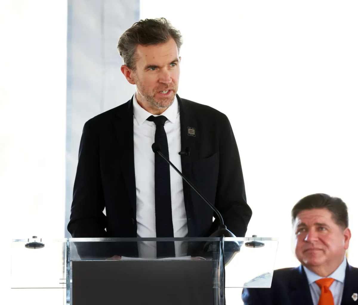 PsiQuantum CEO Jeremy O'Brien speaks at the IQMP groundbreaking ceremony with Governor JB Pritzker in attendance.