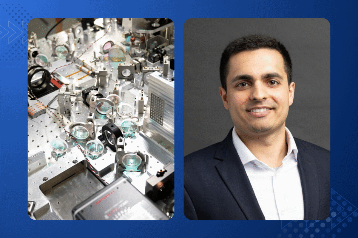 Side-by-side image showing, on the left, the optical table of Infleqtion’s Sqale quantum computer with an intricate array of lenses, mirrors, and precision components, and on the right, Pranav Gokhale, Chief Technology Officer at Infleqtion, wearing a dark suit jacket and white shirt, smiling against a gray background.