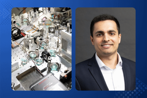 Side-by-side image showing, on the left, the optical table of Infleqtion’s Sqale quantum computer with an intricate array of lenses, mirrors, and precision components, and on the right, Pranav Gokhale, Chief Technology Officer at Infleqtion, wearing a dark suit jacket and white shirt, smiling against a gray background.